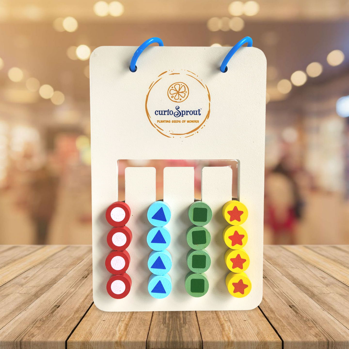 curioSprout Montessori Shape Sorting Puzzle — wooden double-sided board with coloured pieces