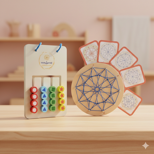 Combo Bundle Shape Sorting Puzzle and Thread Pattern Board — Product image by curioSprout