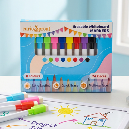 curioSprout Fine Tip Whiteboard Markers Set | 24-Piece, 8 Vibrant Colors