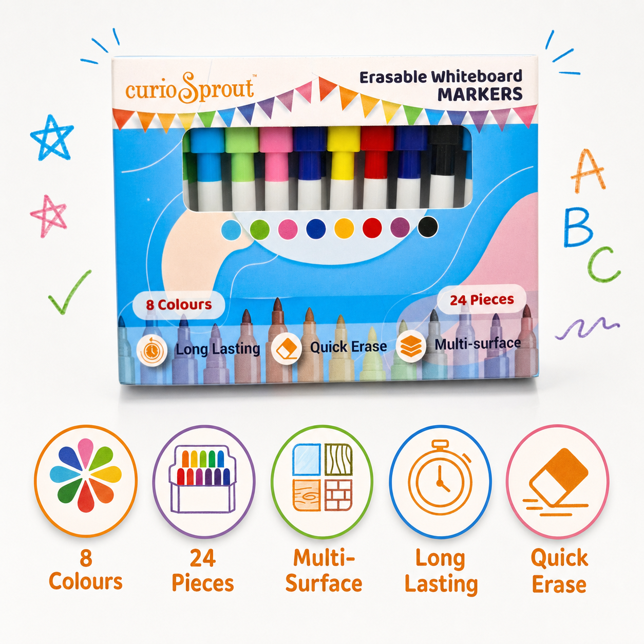 curioSprout Fine Tip Whiteboard Markers Set | 24-Piece, 8 Vibrant Colors — Product image by curioSprout