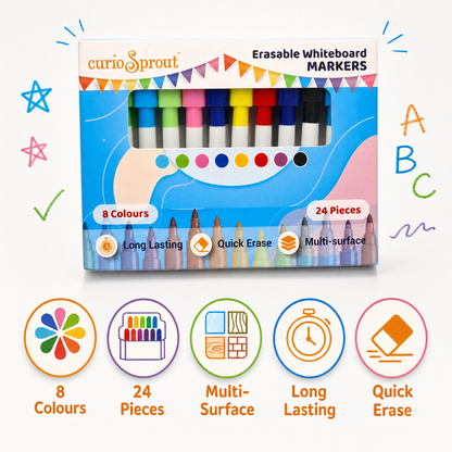 curioSprout Fine Tip Whiteboard Markers Set | 24-Piece, 8 Vibrant Colors